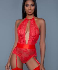 Ophelia Kanten Jarretel Body - Rood
