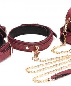 6-delige BDSM Suede Boeienset Met Collar En Riem - Bordeaux