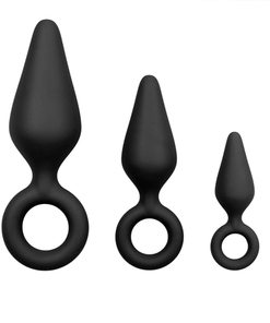 Zwarte buttplugs met trekring - setje